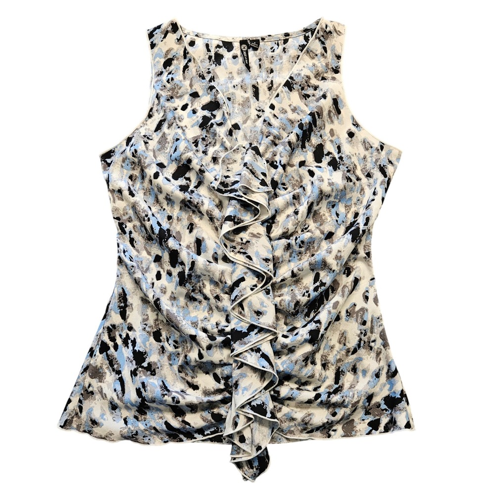 Milano Women Blue Abstract Animal Print Ruffle V-Neck Sleeveless Blouse Small